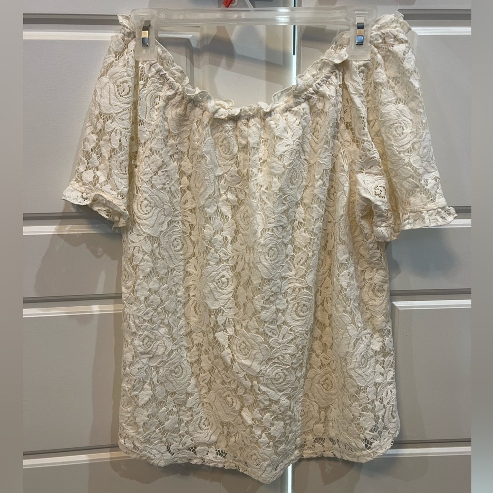 Off the shoulder cream ruffled shirt